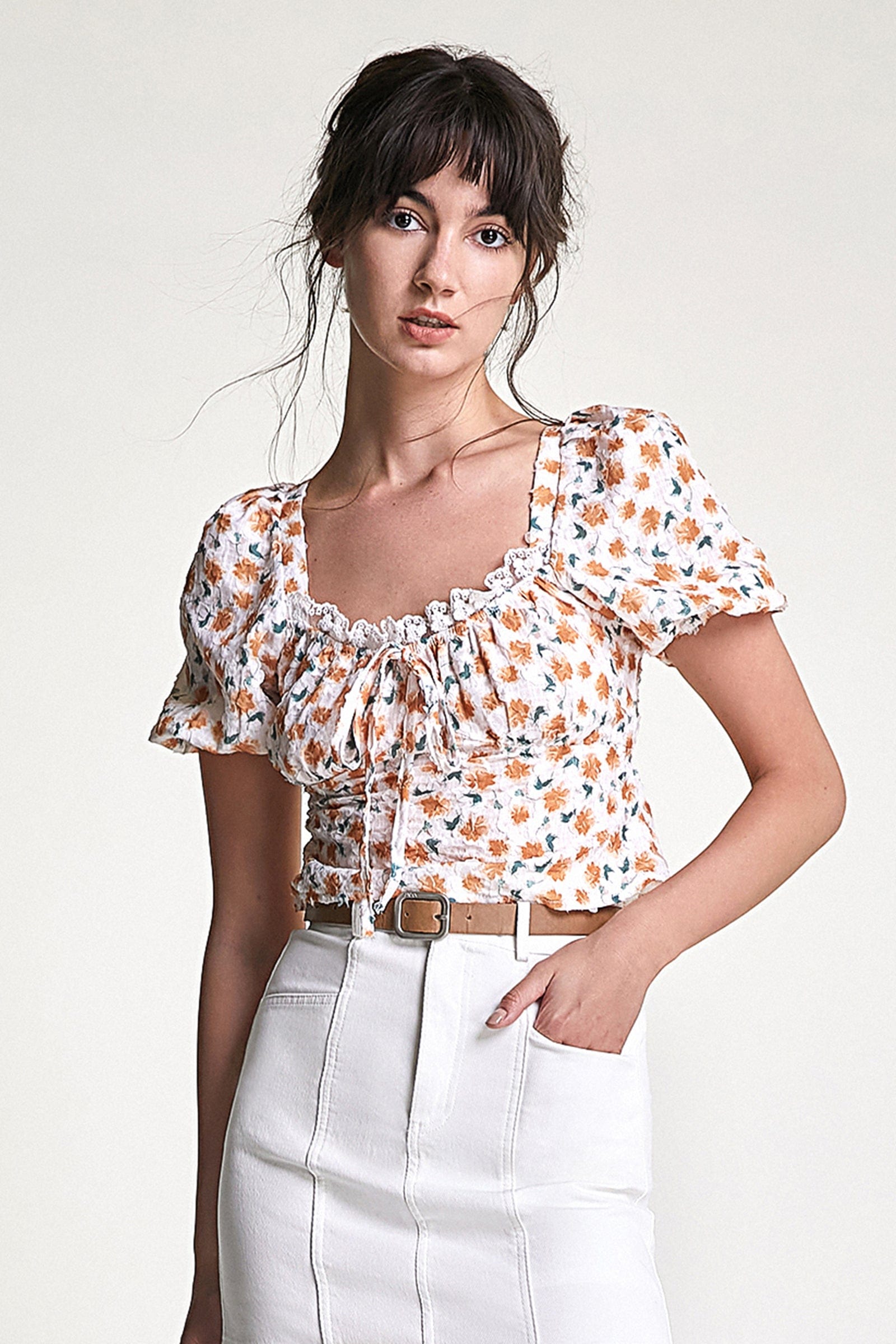 Peru Textured Floral Print Tie Detail Lace Trim Cropped Blouse