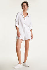 White Cotton Button-Up Shirt & Shorts Two-Piece Set