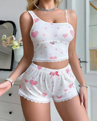 Heart-print One-shoulder Tank Top and Shorts Loungewear Set
