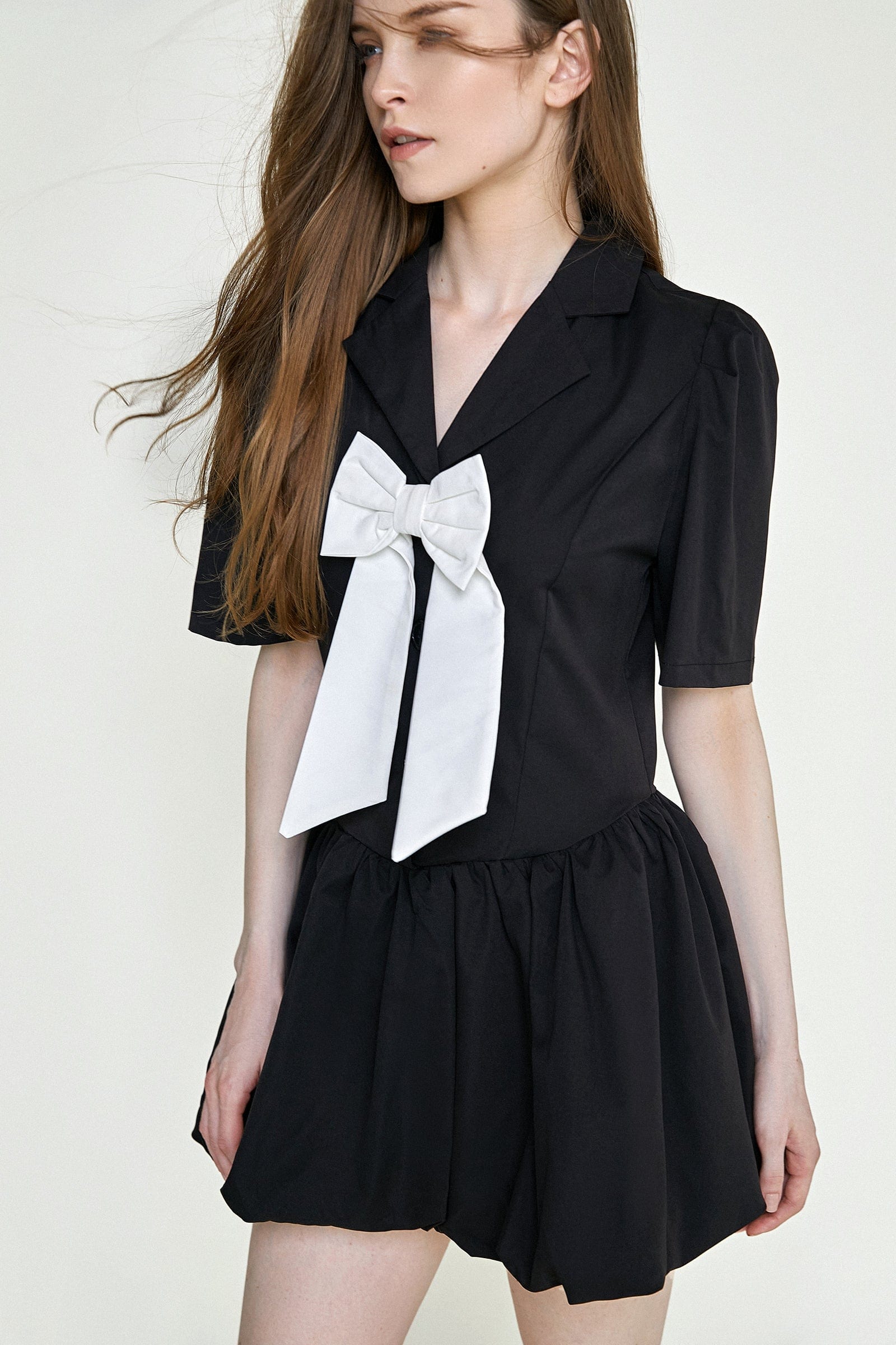 Black Bowknot Decor Balloon-Skirt Mini Dress