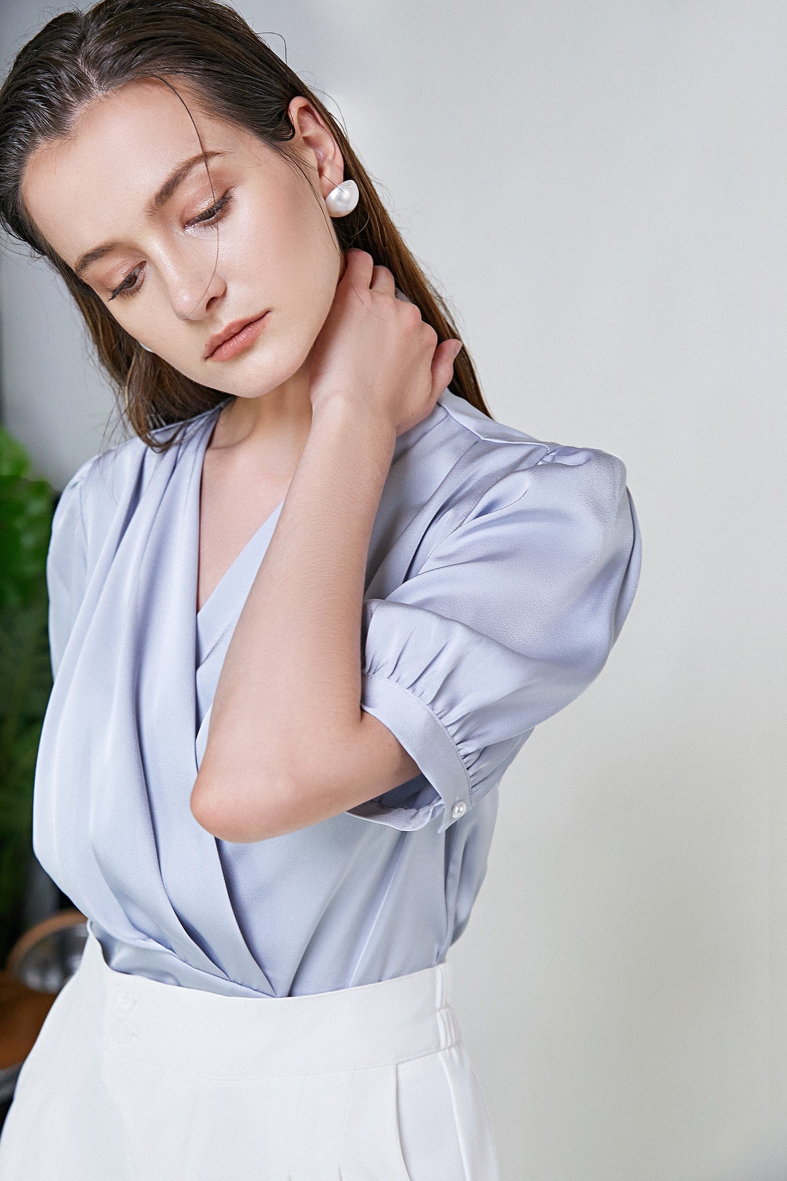 Light Steel Blue Surplice Neck Ruched Blouse