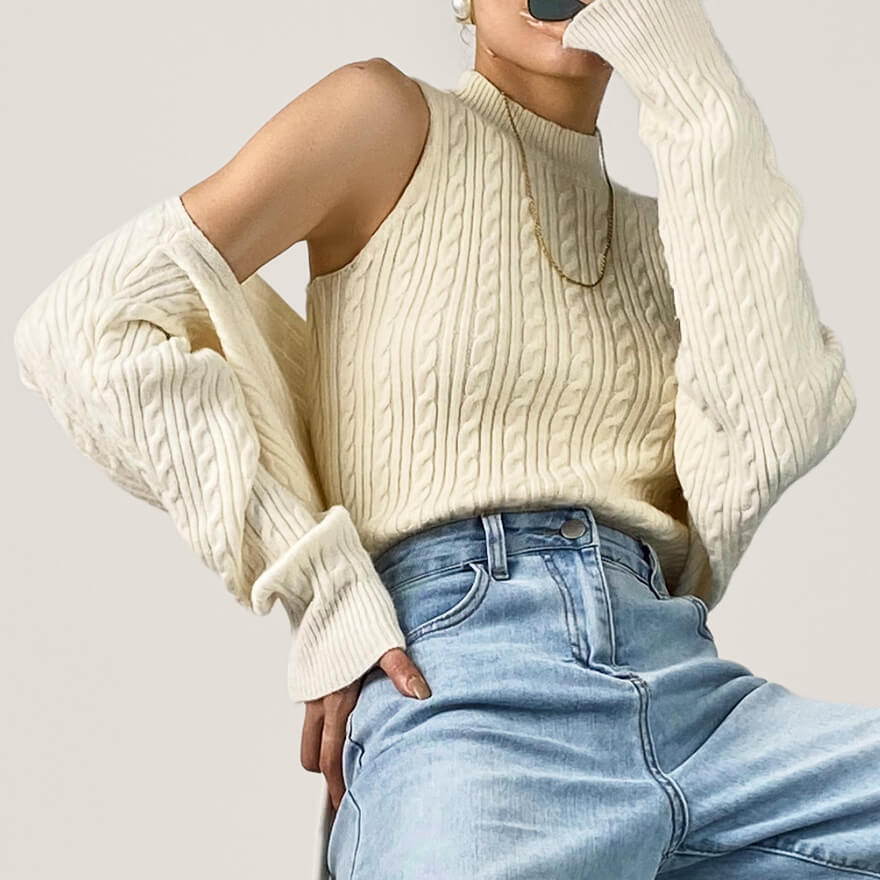 Ivory Cable Knit Shrug Cardigan & Vest Two-Piece Set