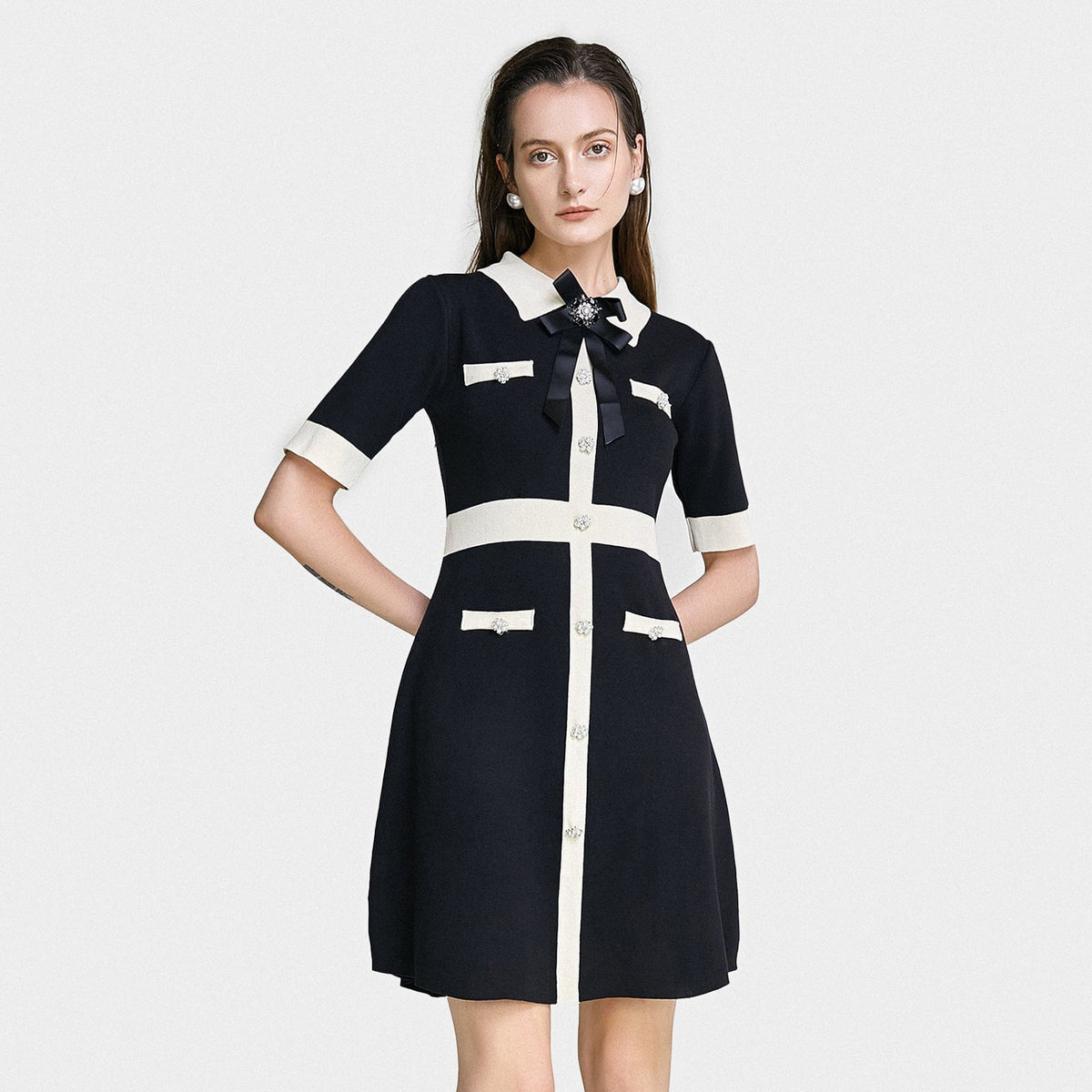 Black Contrast Trim Bow Brooch Knit Dress