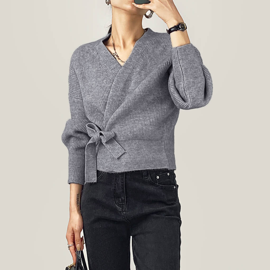 Grey Ribbed Knit Wrap Tie Side Cardigan