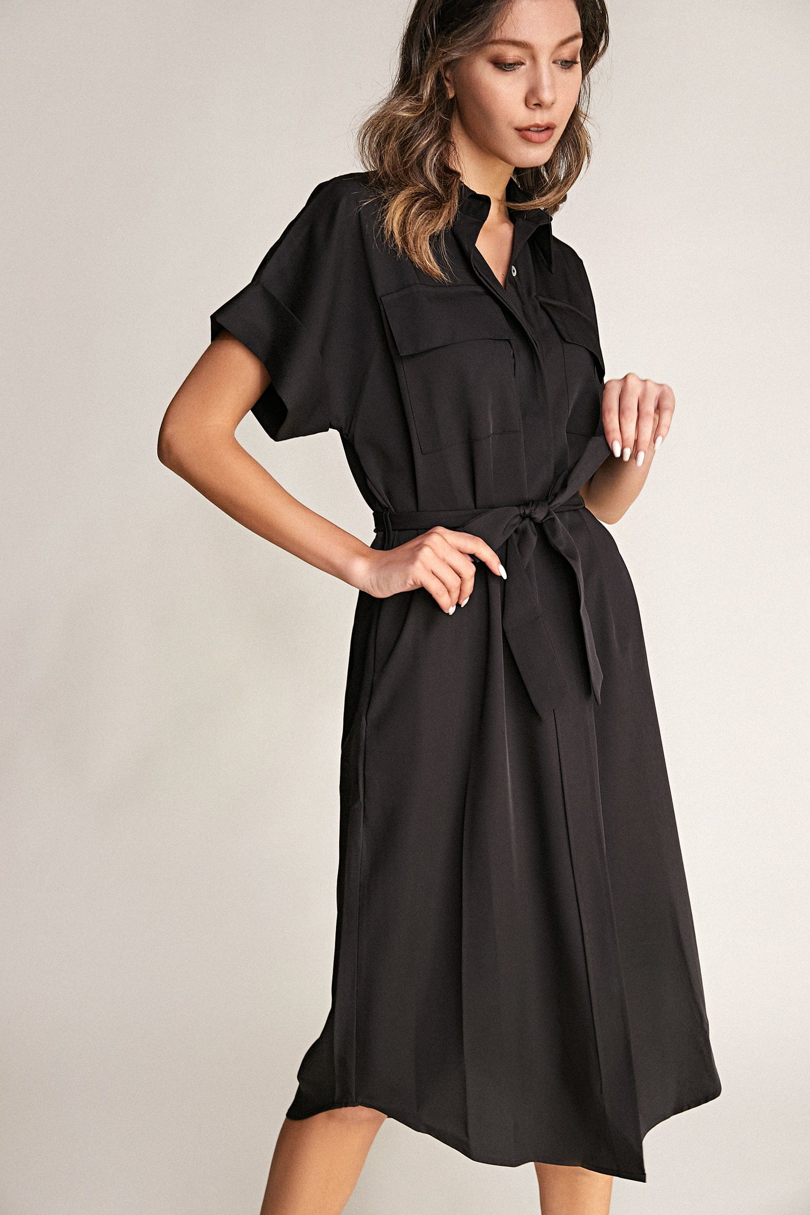 Black Dolman Sleeve Button-Up Tie Waist Shirt Midi Dress