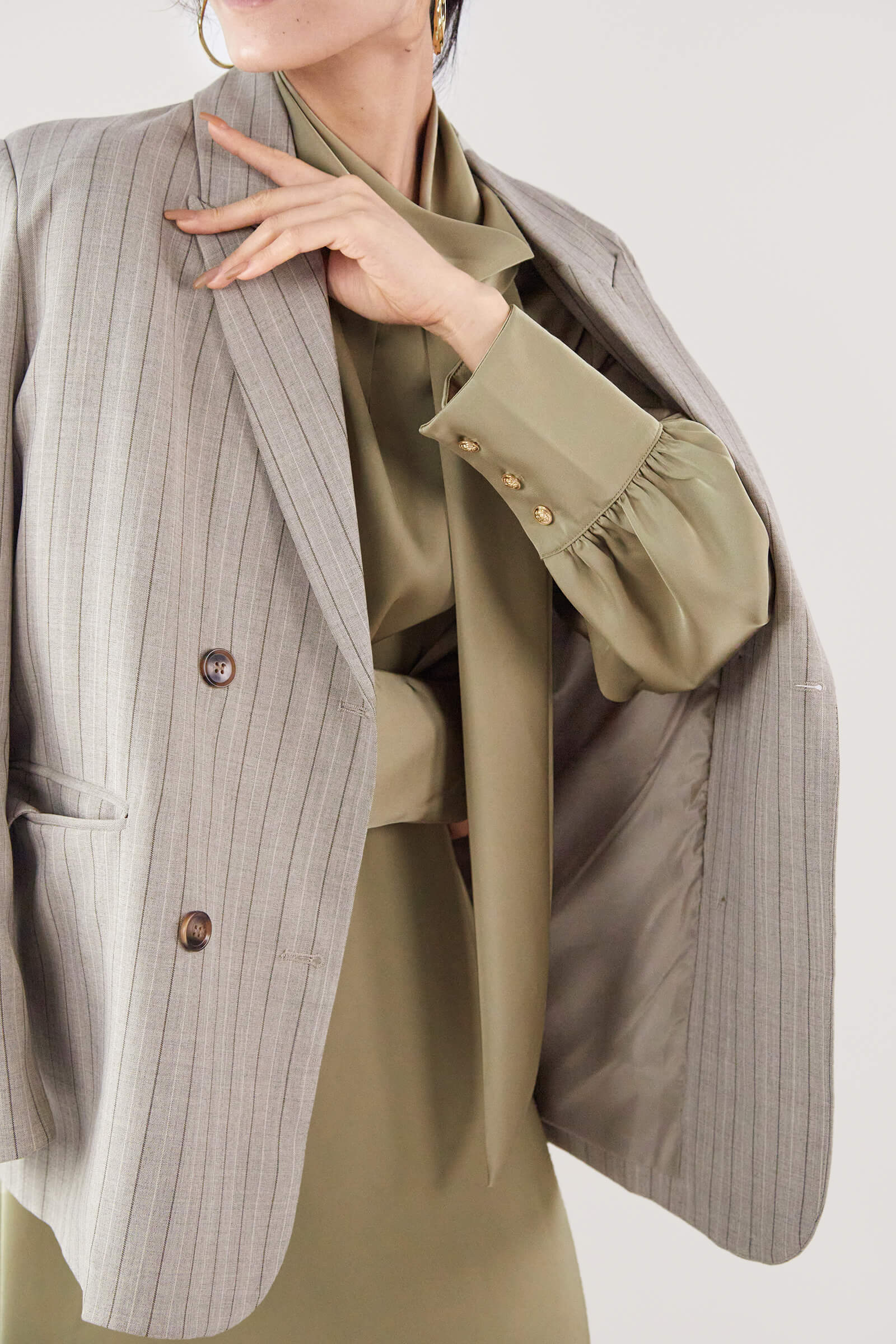 Dark Khaki Satin Ballon Sleeve Blouse