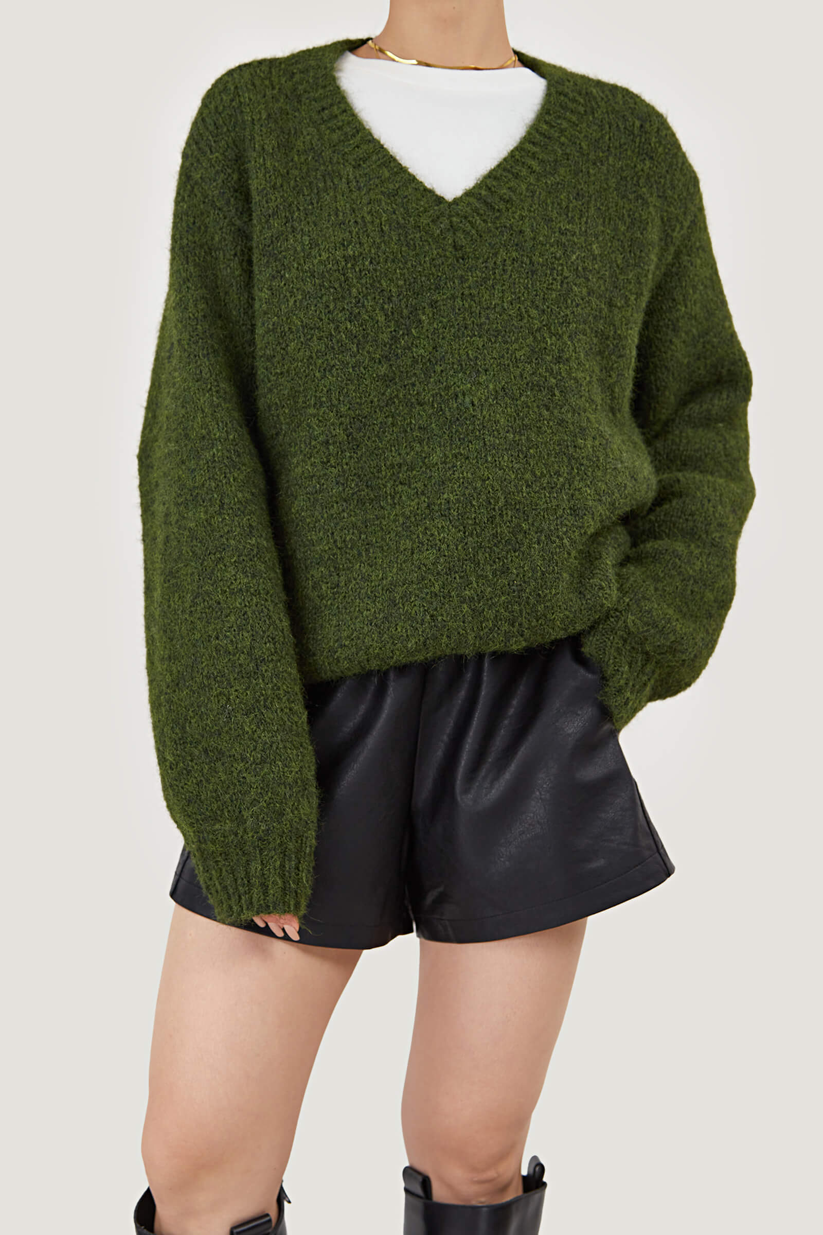 Dark Olive GreenFuzzy Knit V-Neck Oversized Sweater