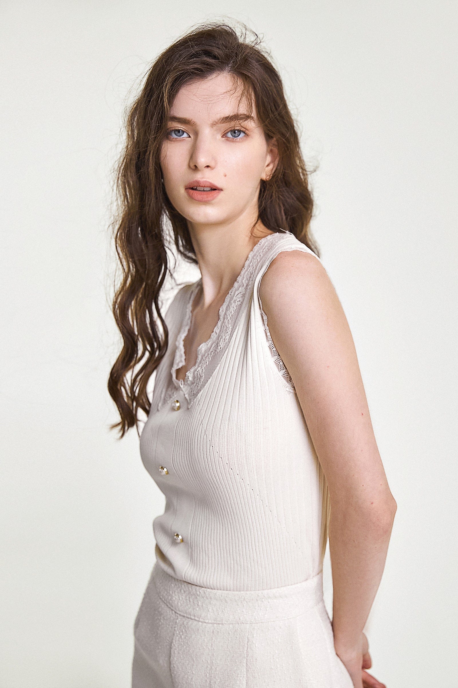 Beige Rib-Knit Lace Trim Button Detail Tank Top