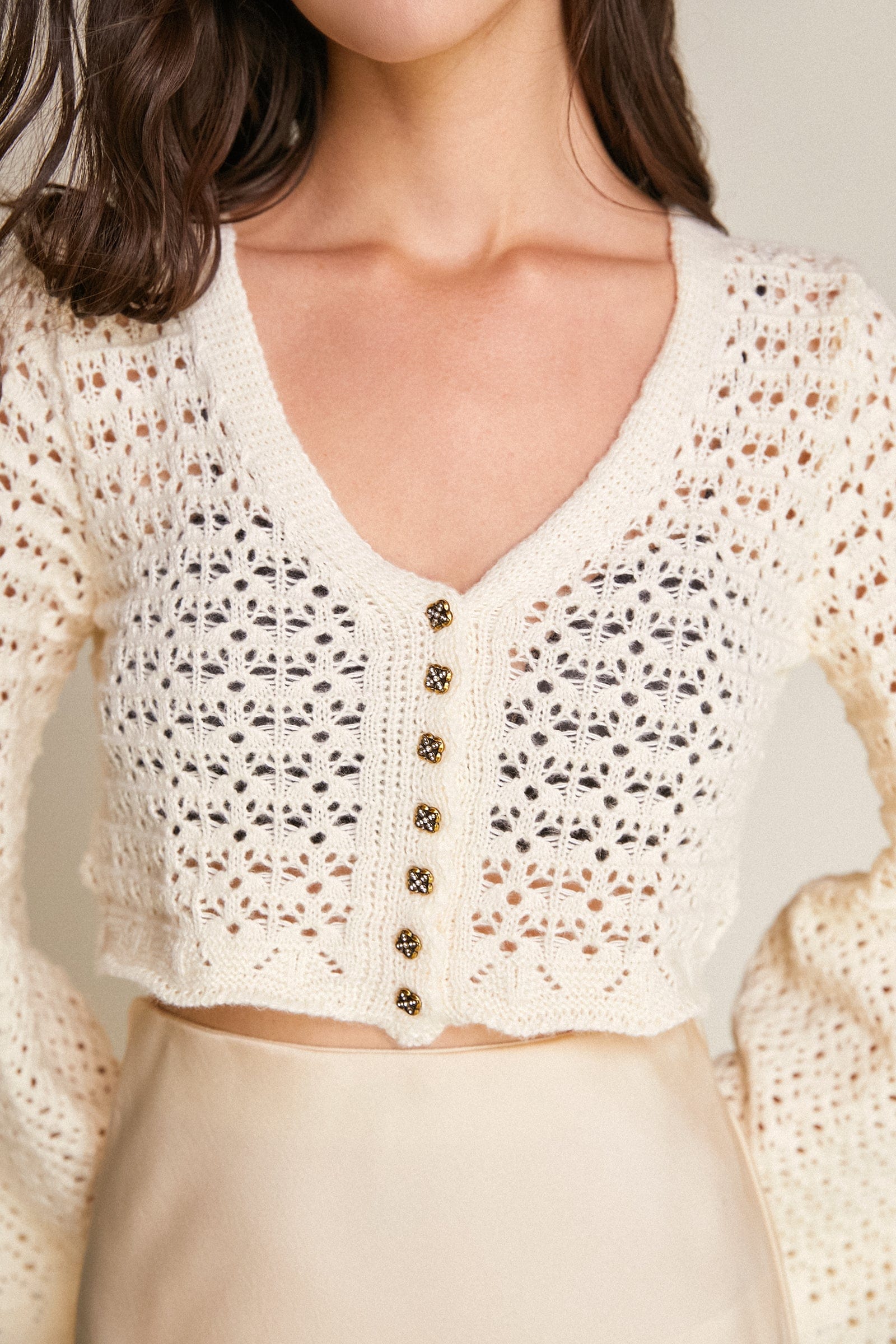 Floral White Crochet Button-Up Long Sleeve Cardigan