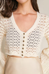 Floral White Crochet Button-Up Long Sleeve Cardigan