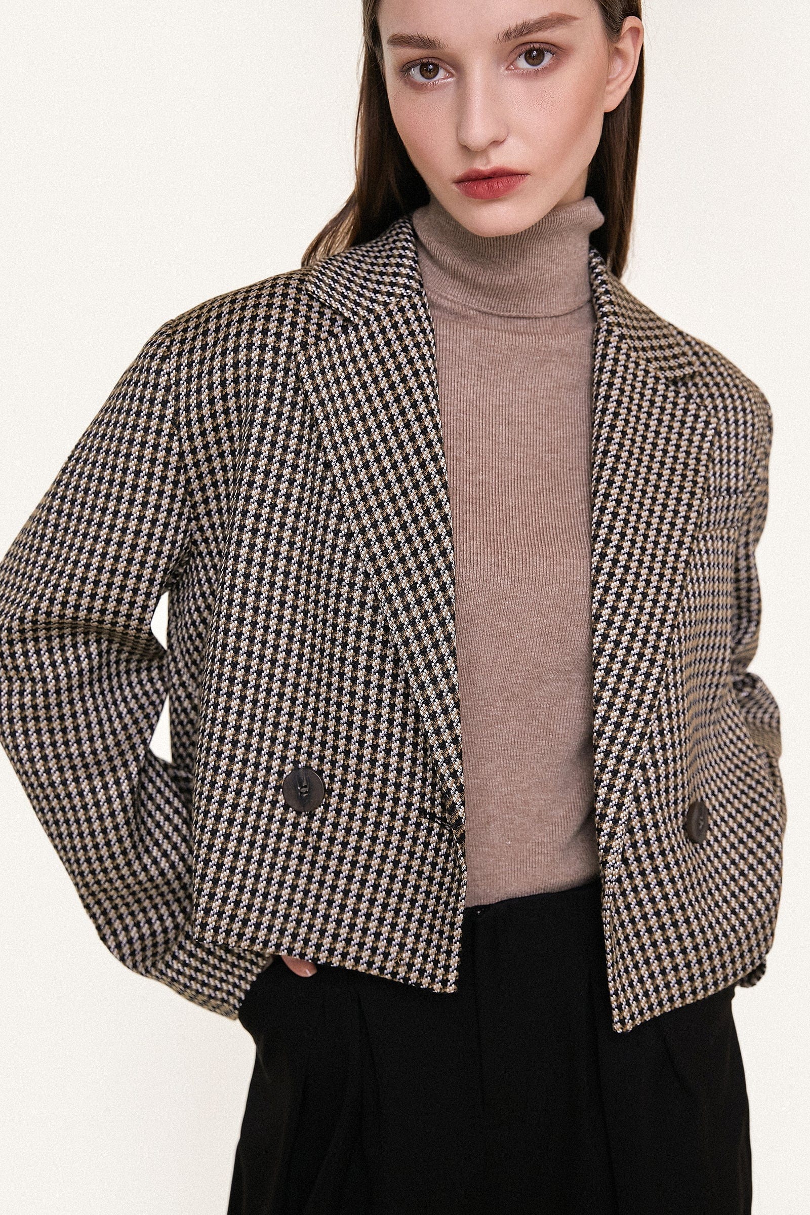Sienna Double-Breasted Houndstooth Cropped Blazer