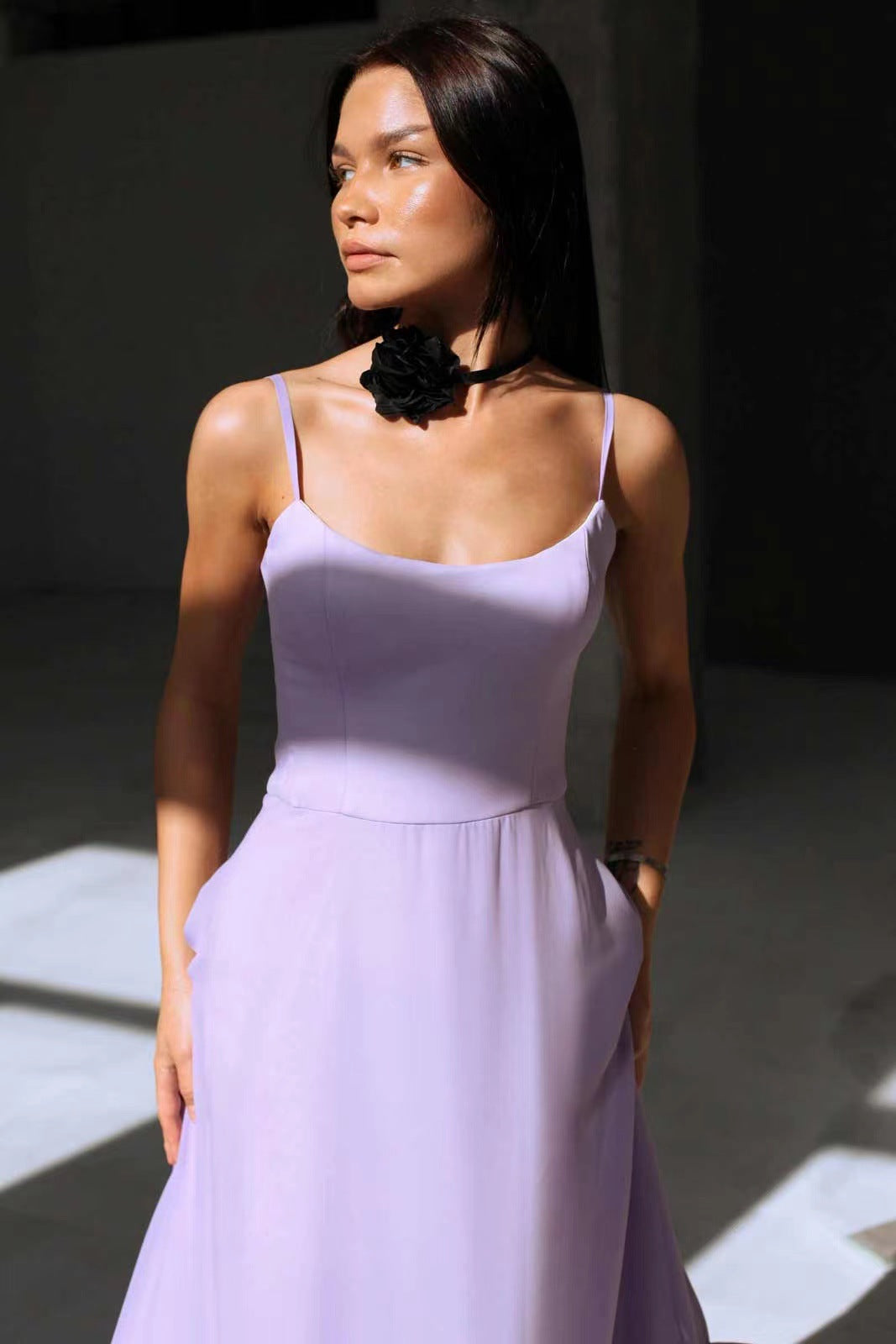 Purple Slip Petal Hem Midi Dress