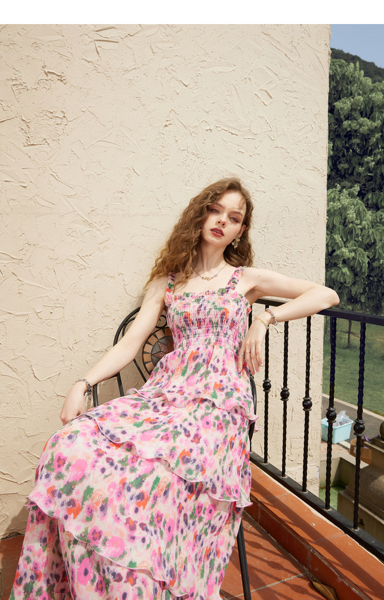 Pink Floral-Print Smocked Dress