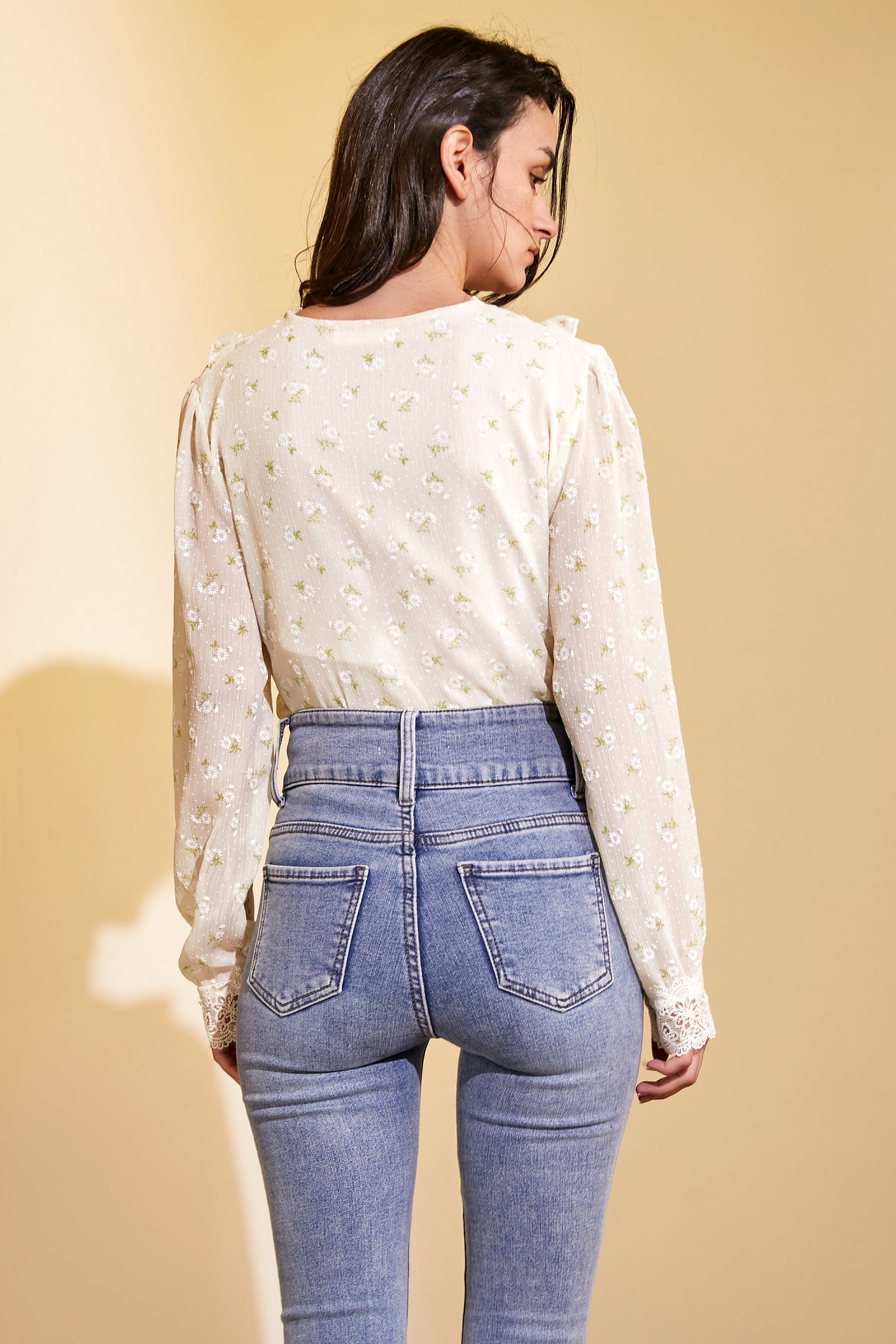Ivory Floral Print Lace-Detail Chiffon Blouse
