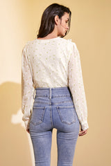 Ivory Floral Print Lace-Detail Chiffon Blouse