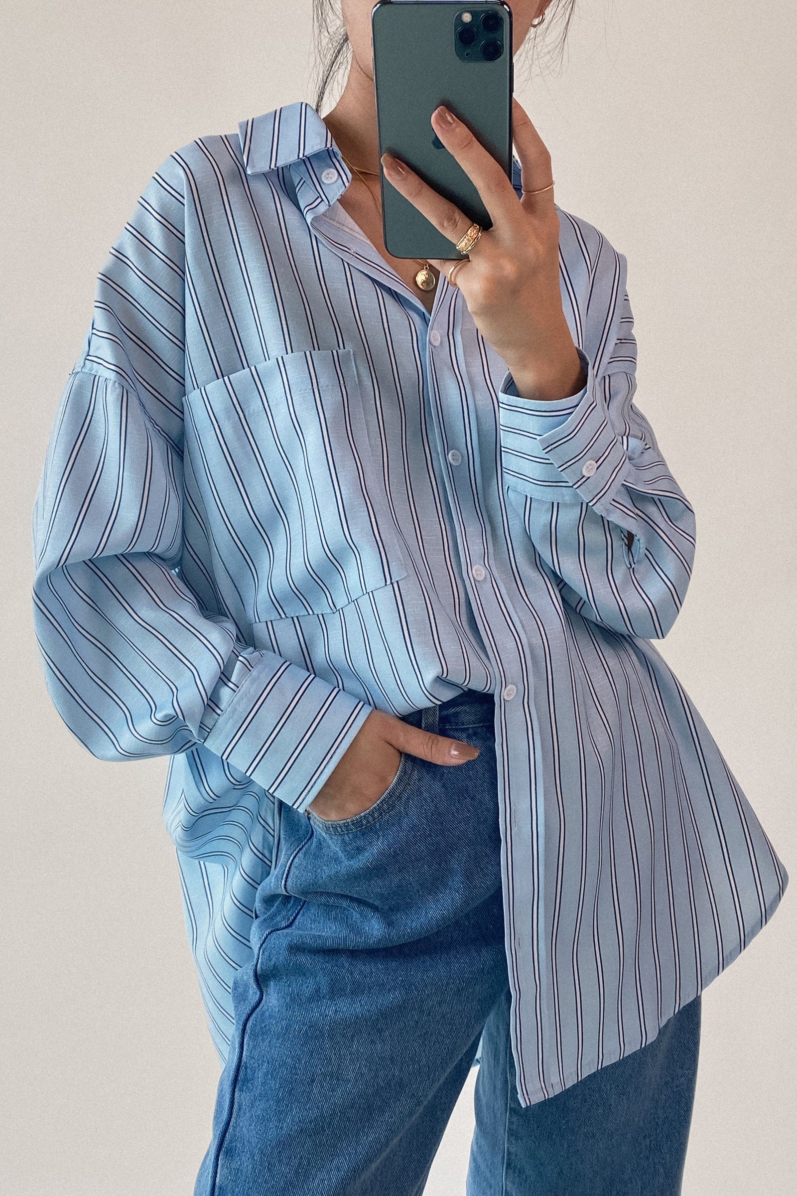 Light Blue Striped Pocket Button-Up Long Sleeve Shirt