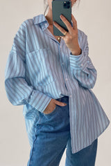 Light Blue Striped Pocket Button-Up Long Sleeve Shirt
