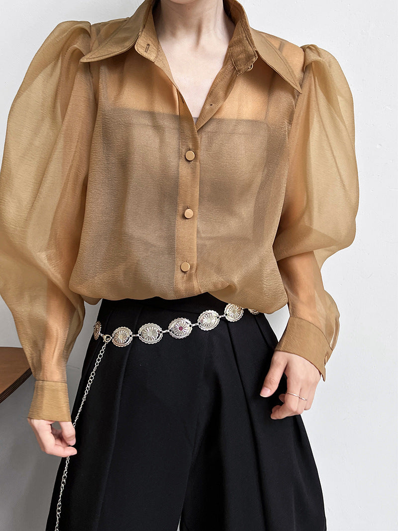 Puff Sleeve Long Sleeve Shirt Caramel Color