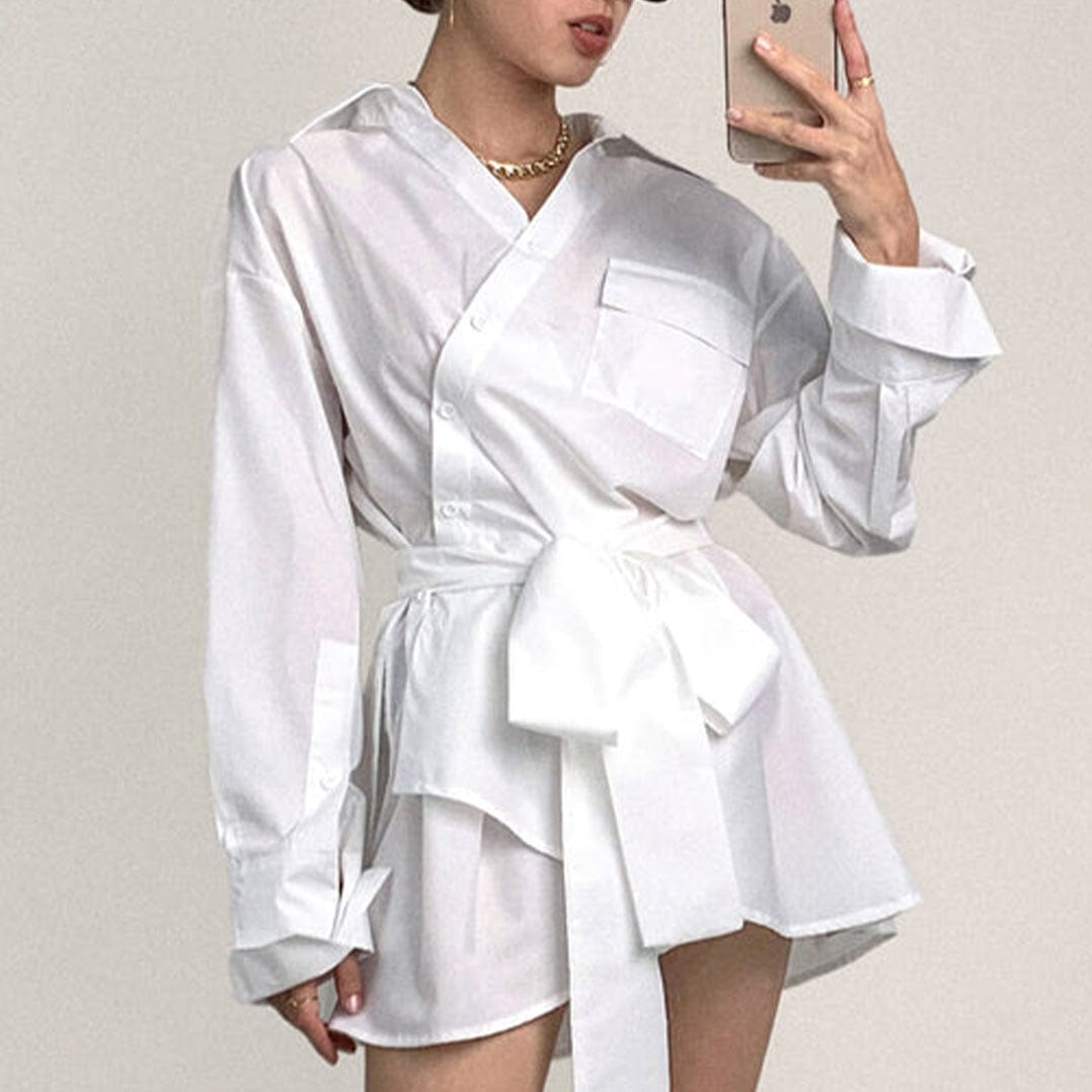 White Wrap-Effect Tie Waist Button-Up Mini Shirt Dress