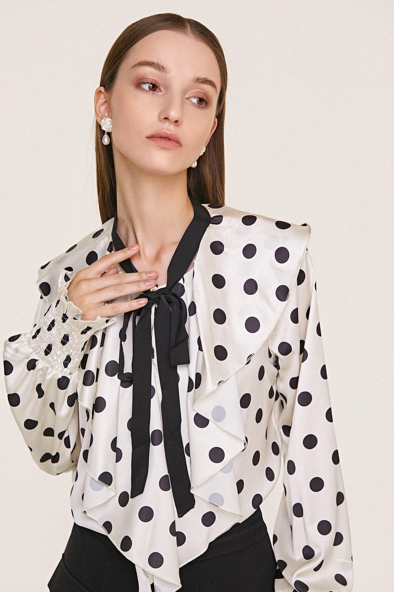 Ivory Polka Dot Flounce-Trimmed Tie Neck Chiffon Blouse