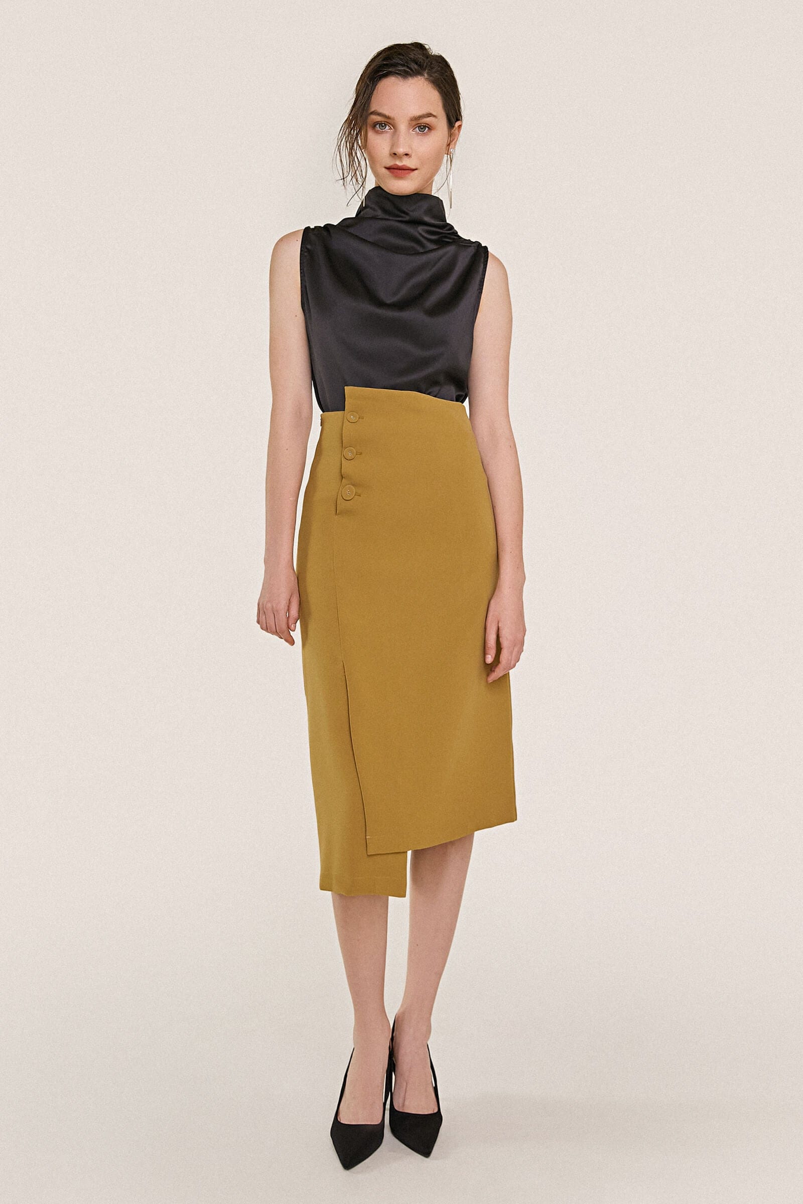 Black Sleeveless High Draped Neck Satin Work Blouse