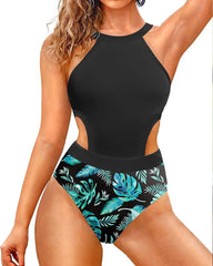 Women's High Collar Hollow Waist Backless Color Block One- Piece Swimsuit