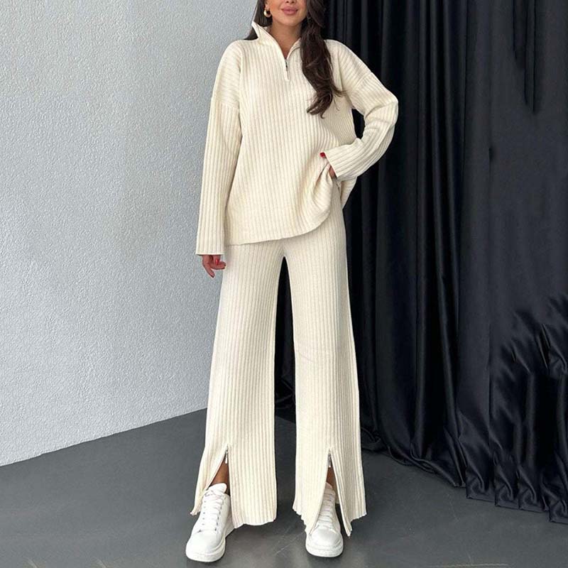 Cozy Ribbed Knit with Slit-Leg Pants(Two-Piece Set)