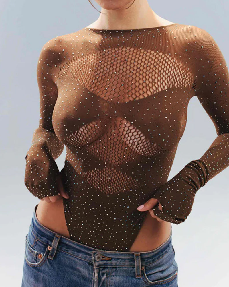 Rhinestone Stretch Fishnet Round Neck Long Sleeve Bodysuit