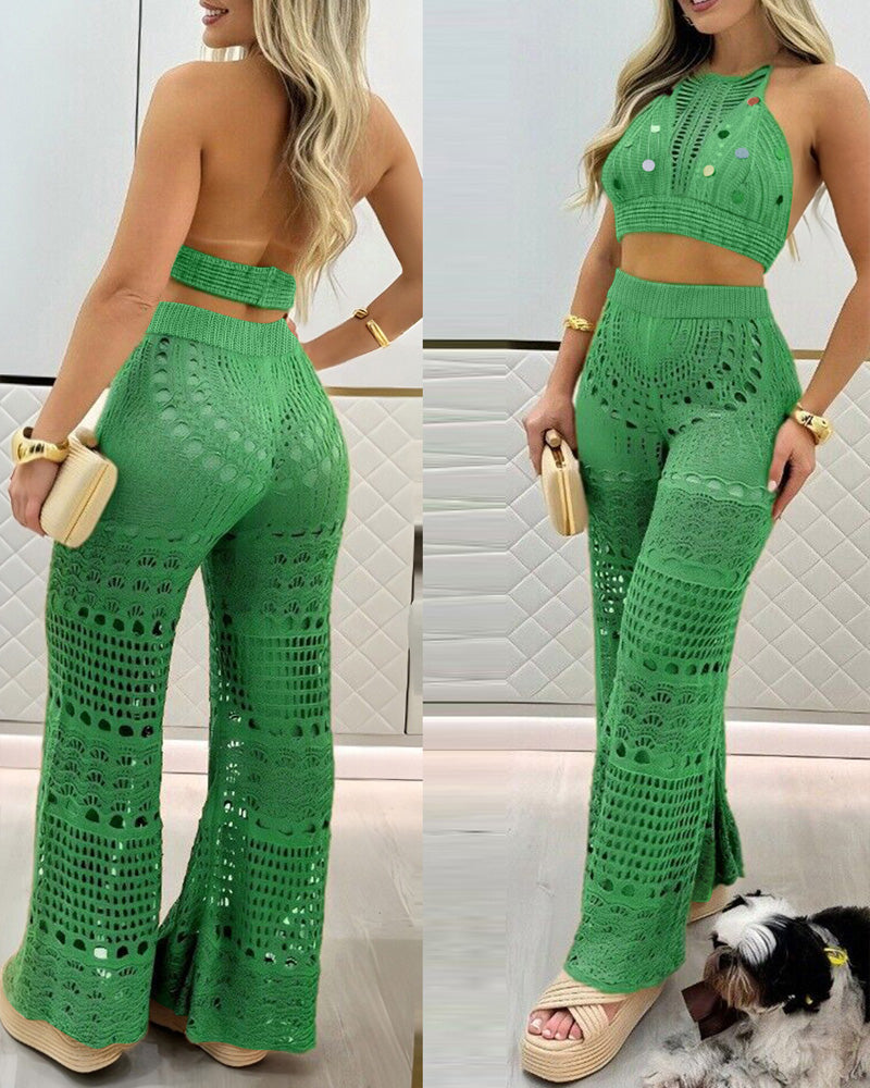 Women's Vacation Knit Hollow Halter Neck Top and Pants Set