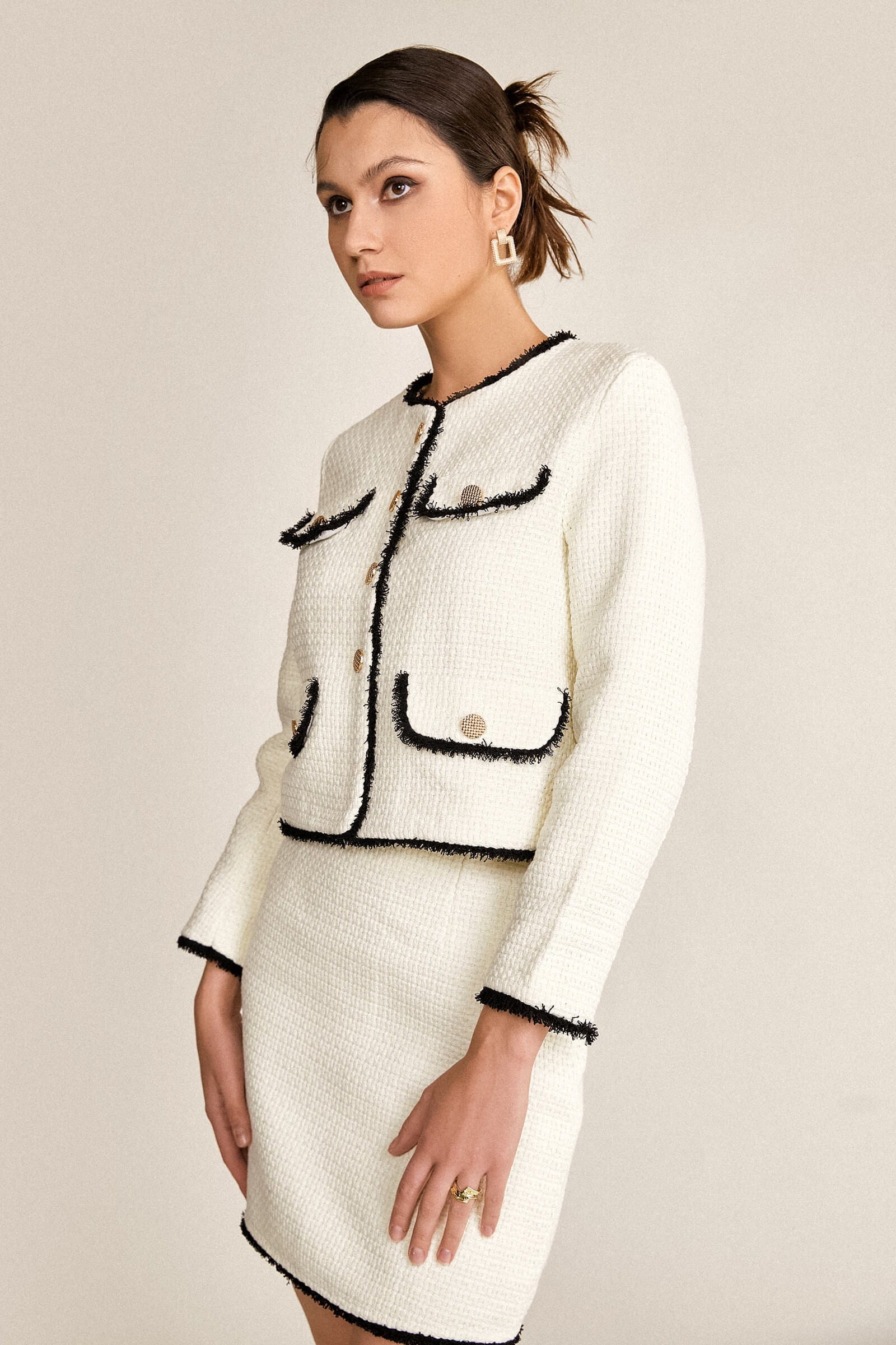 White Contrast Frayed Trim Tweed Jacket & Mini Skirt Two-Piece Set
