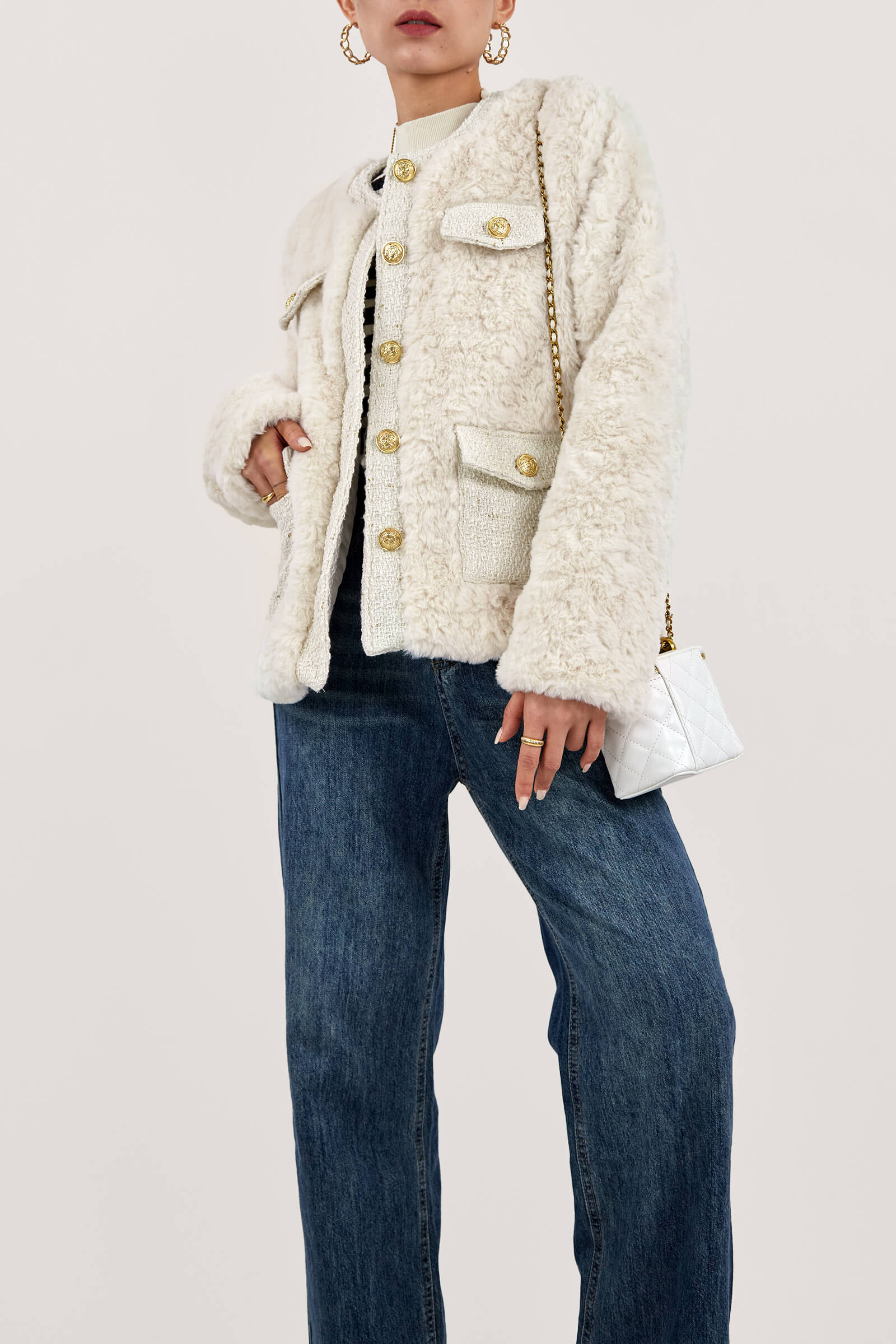 Tweed Crew Neck Pocket Teddy Jacket