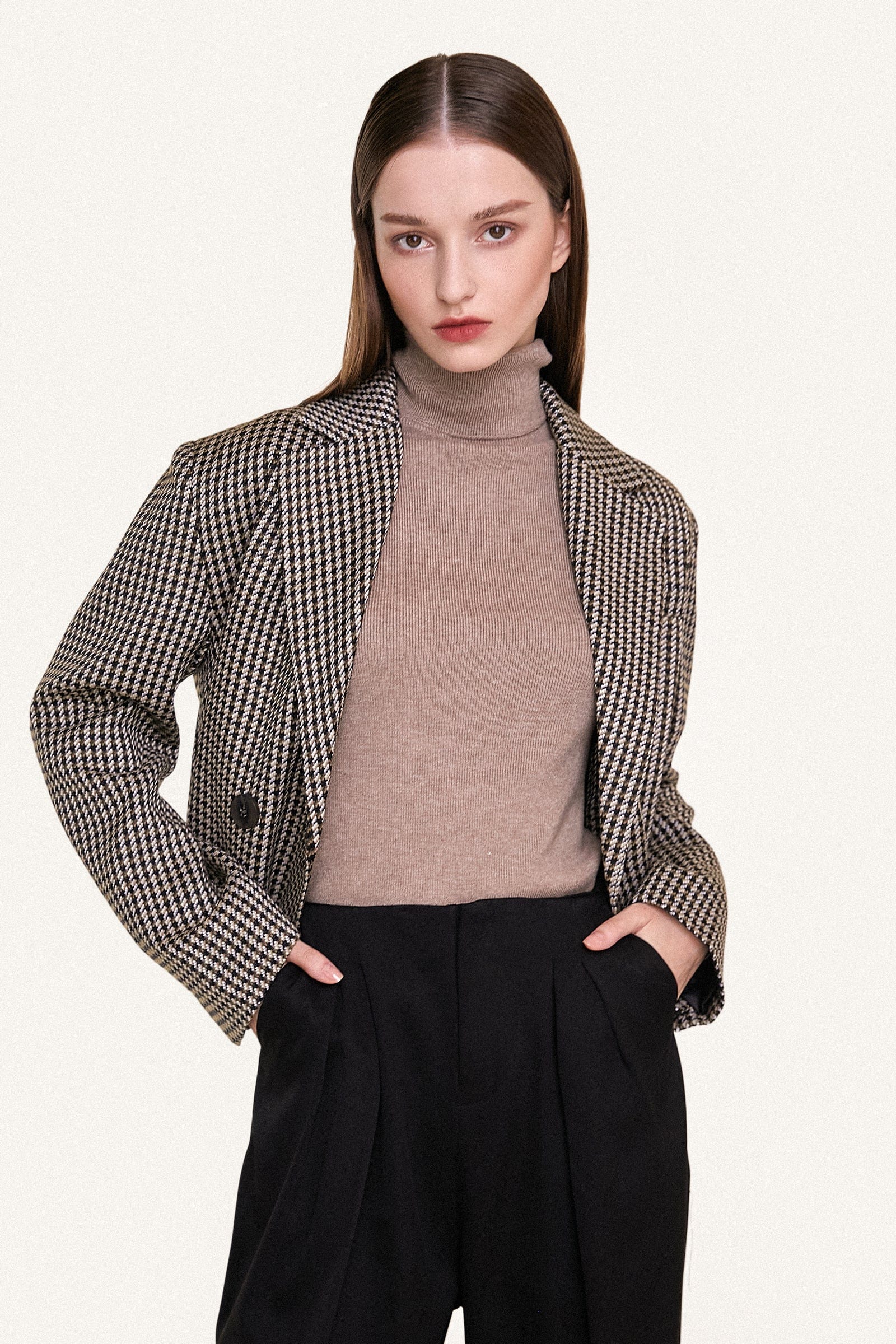 Sienna Double-Breasted Houndstooth Cropped Blazer