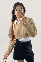 Tan V-Neck Ribbed Trim Cropped Sweater