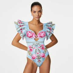Ruffled Blue Blooming Flowers Print One Piece Swimsuit and Skirt