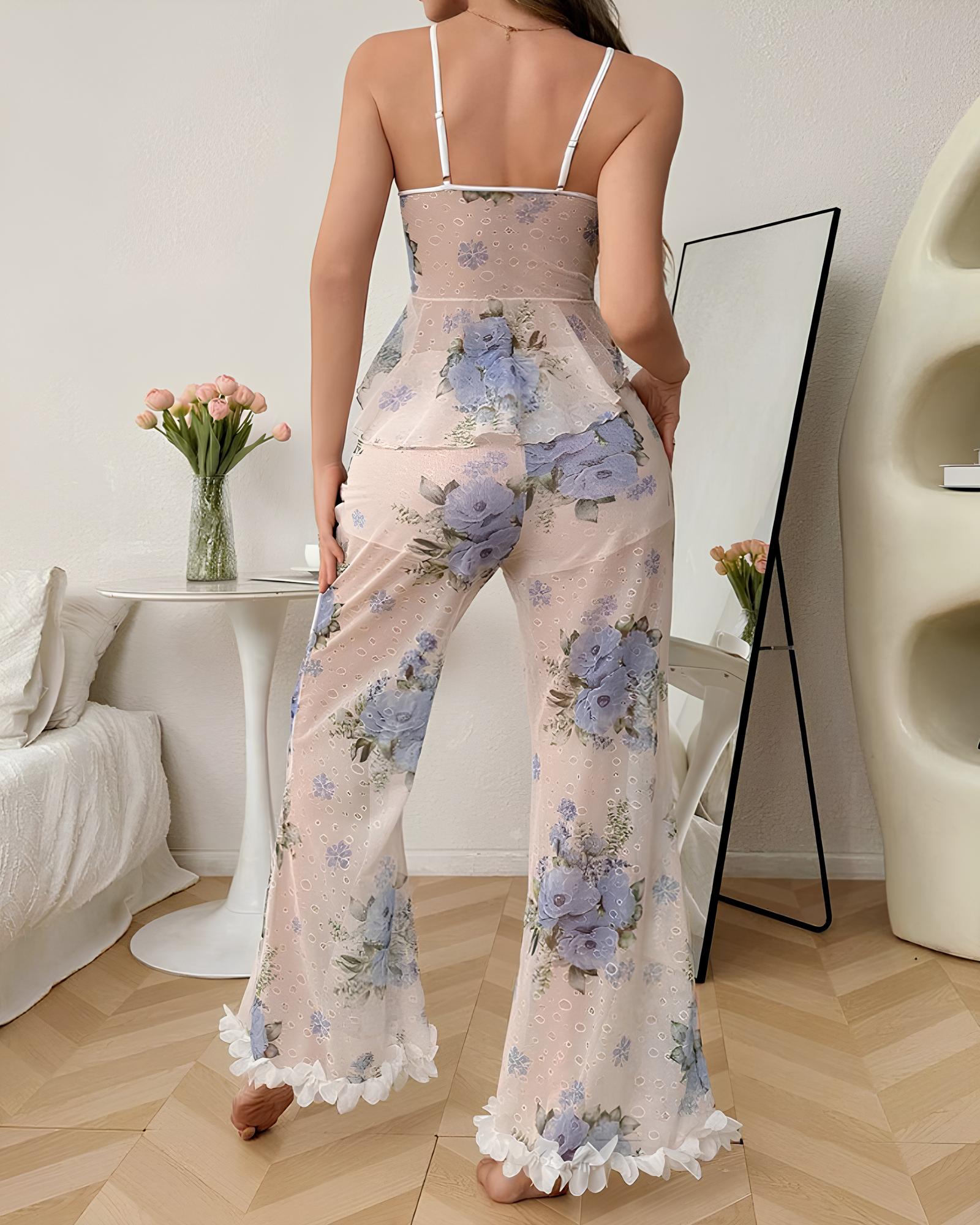 Floral Mesh See-through Ruffled Camisole and Trousers Pajama Set