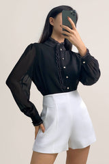Black High Neck Ruffle Detail Button-Up Work Shirt