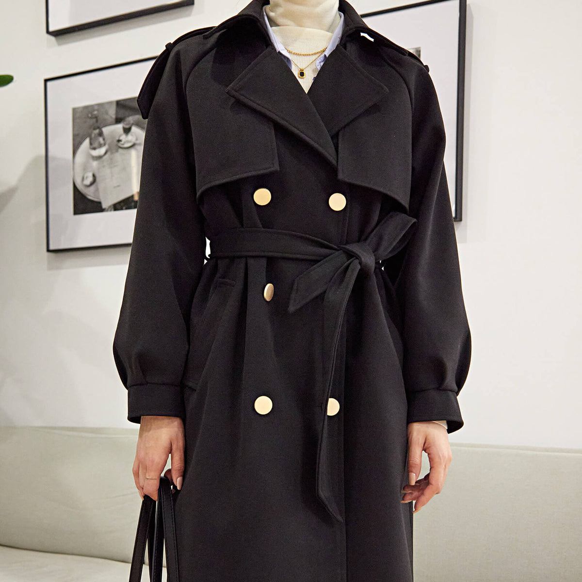 Black Double-Breasted Belted Lapel Collar Longline Coat
