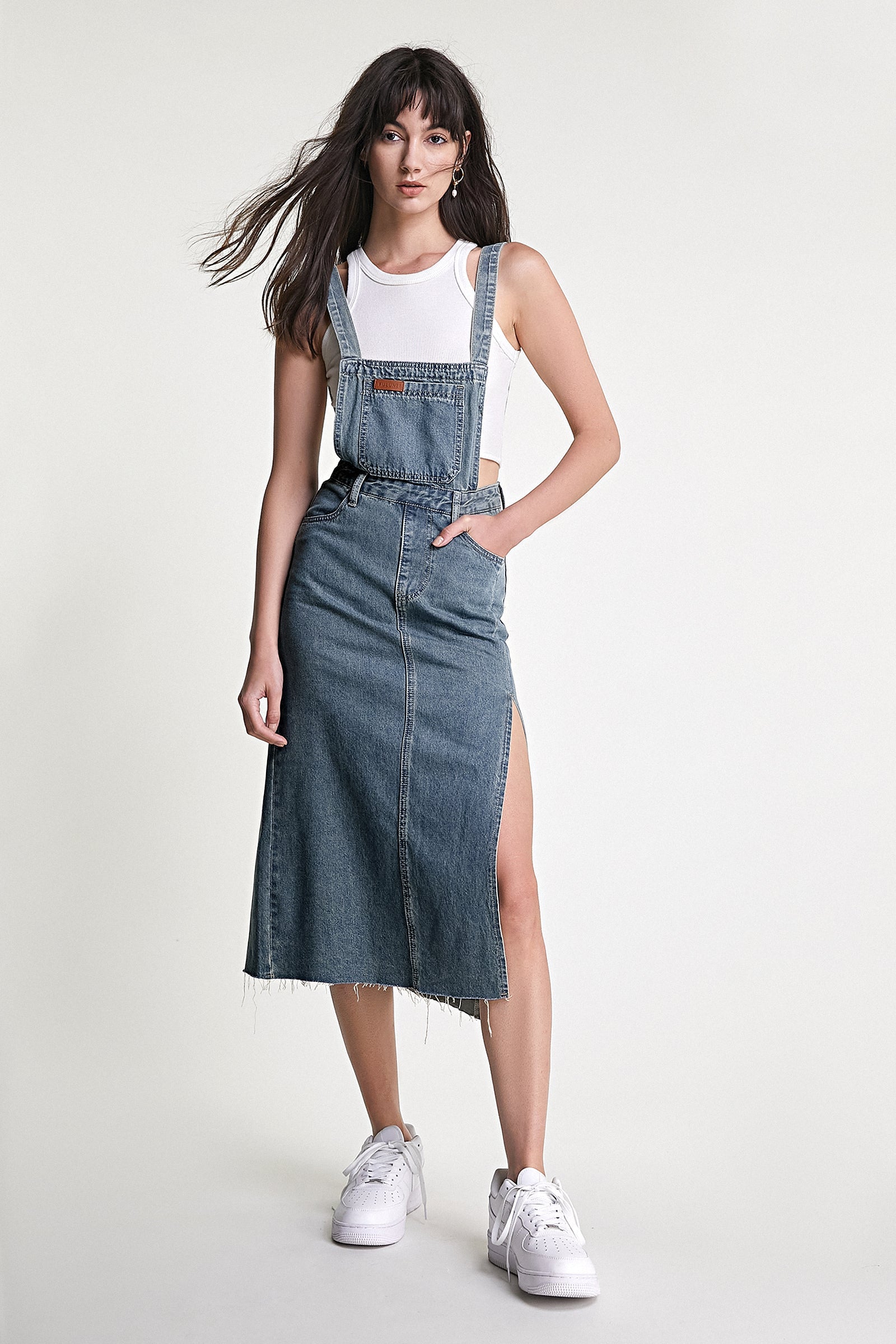 Medium Blue Side Slit Denim Overall Dress