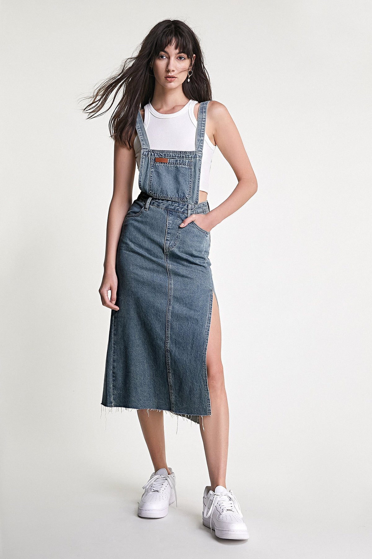 Medium Blue Side Slit Denim Overall Dress