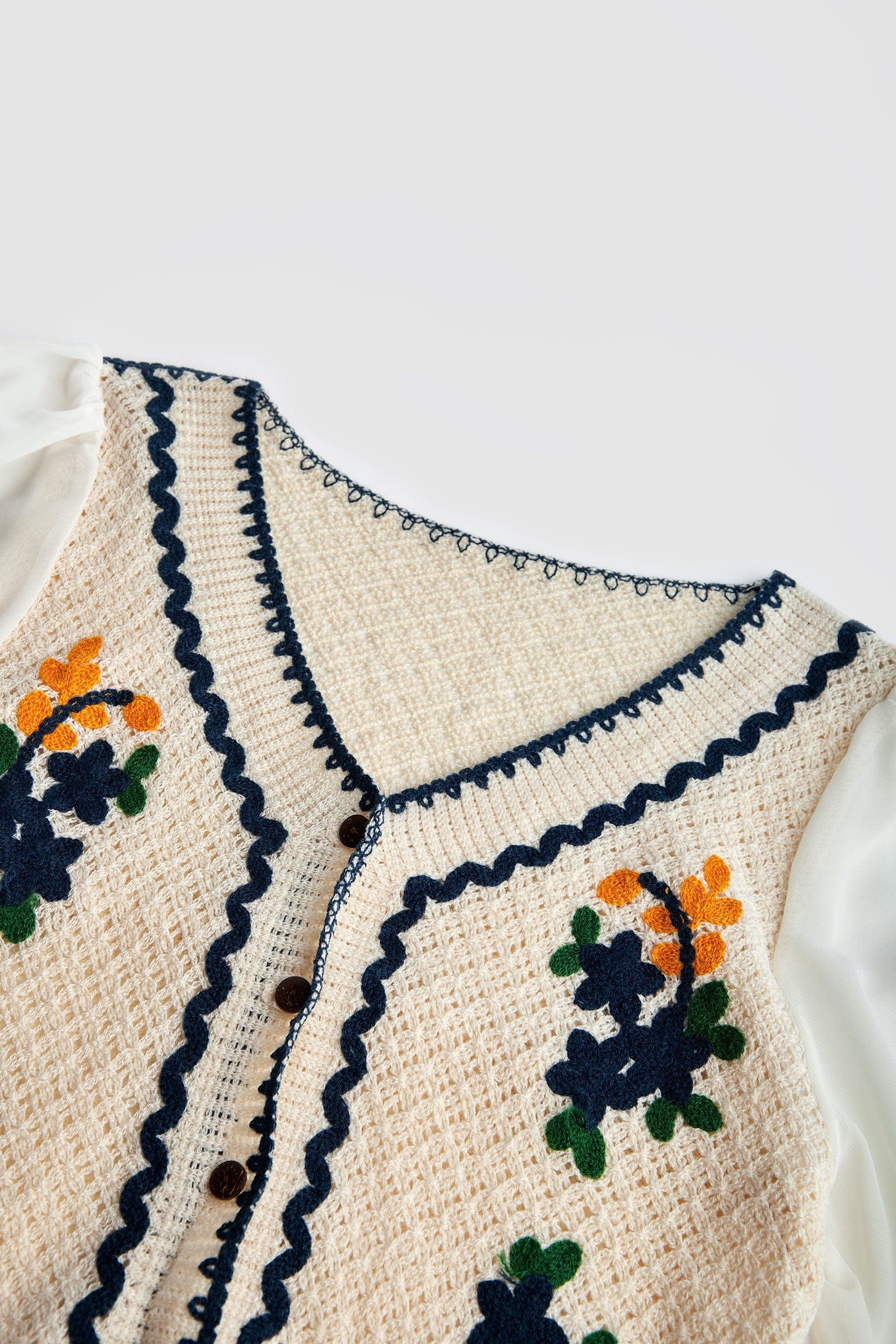 White Floral Embroidery Contrast Trim Cardigan