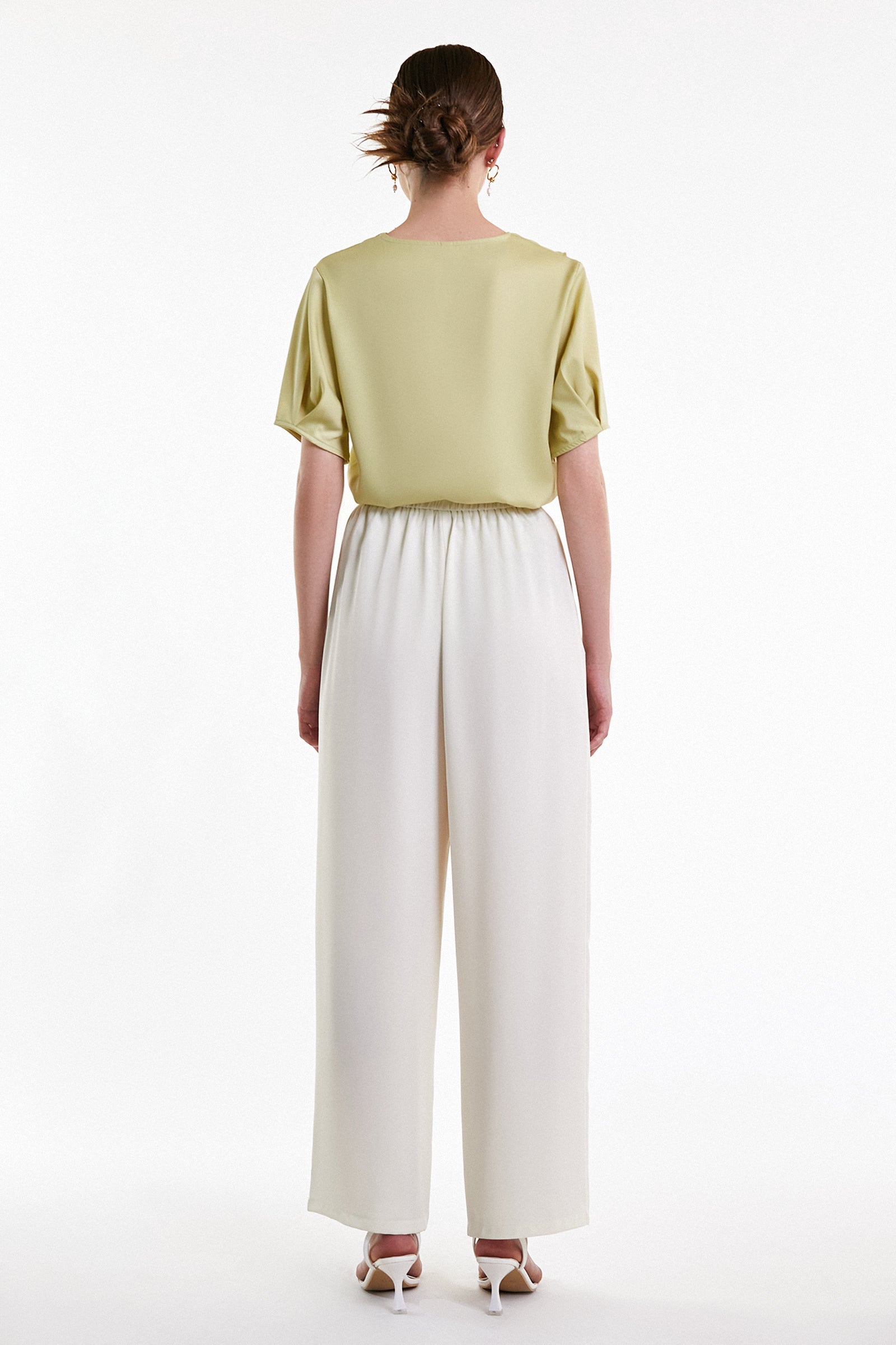 Yellow Green Flounce-Trimmed Short Sleeve Blouse