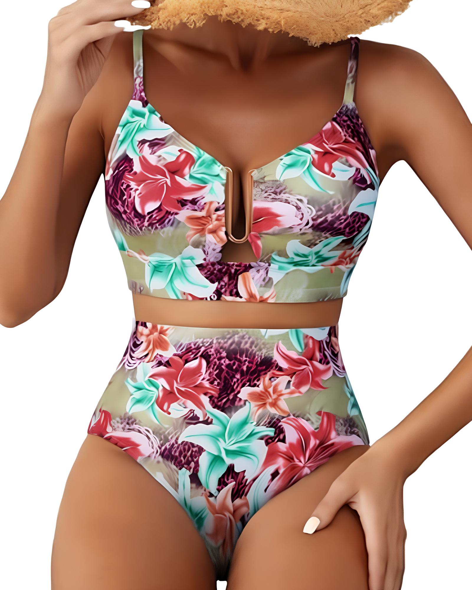 Women's V-neck Floral High-waisted Tummy-control Bikini Swimsuit