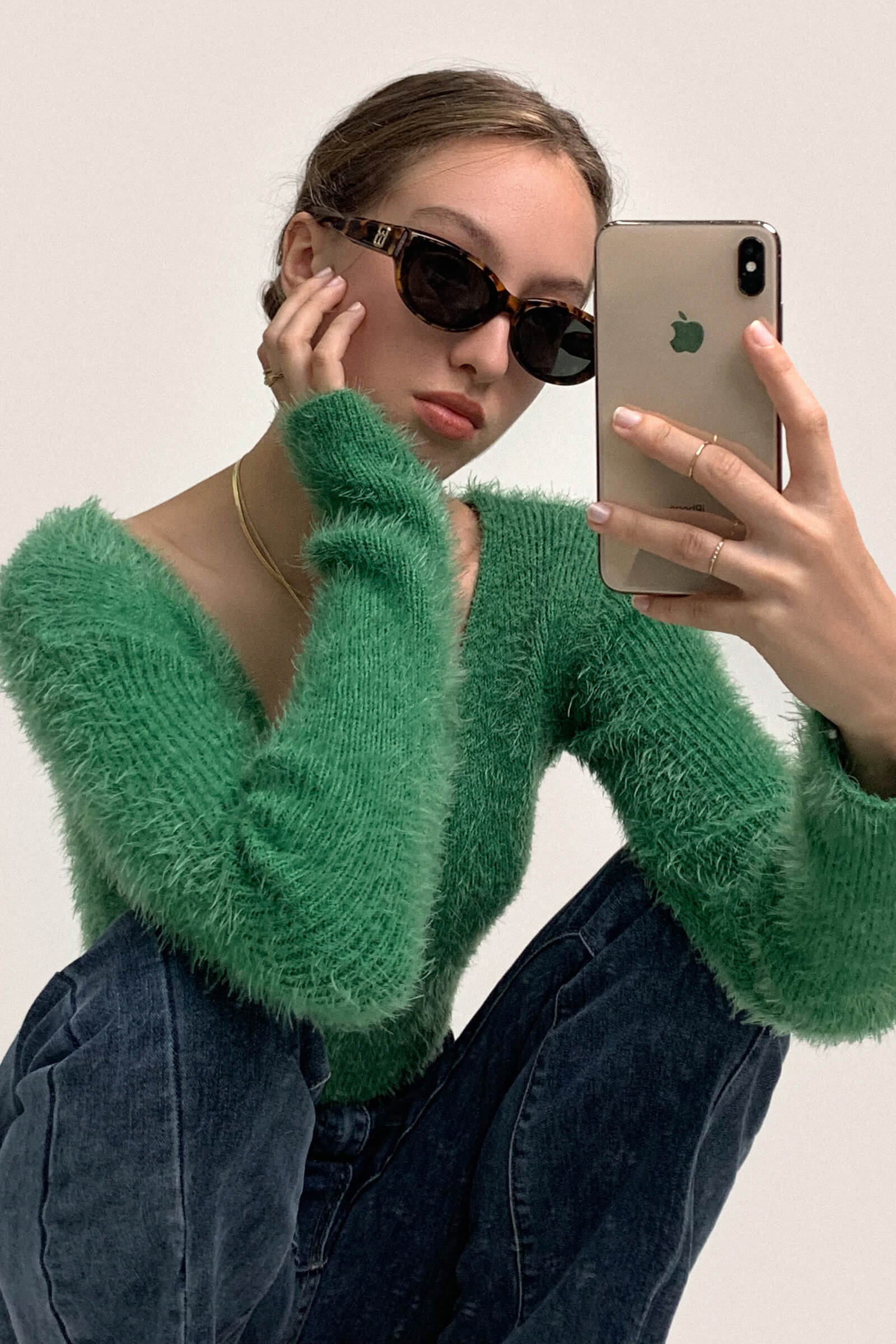 Green Mohair Fuzzy Surplice Cropped Sweater