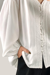 White V-Neck Balloon Sleeve Embroidery Detail Blouse