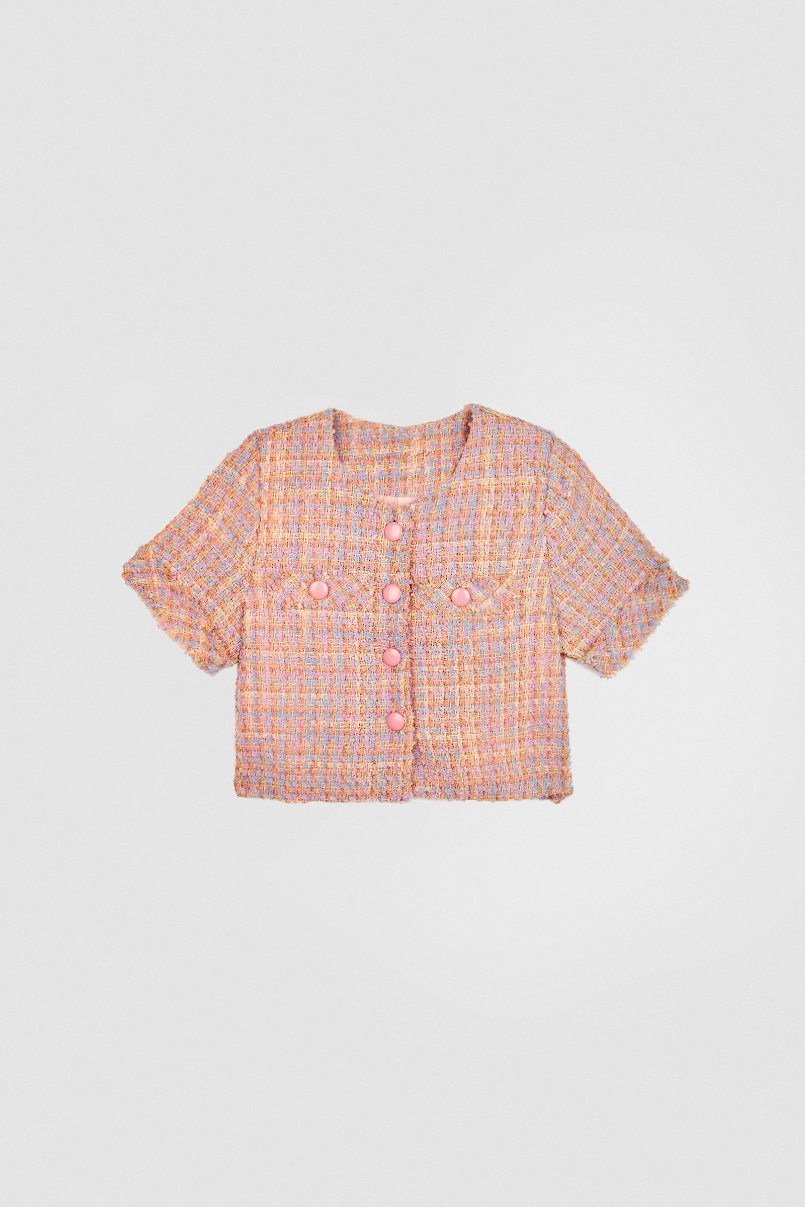 Pink Button-Up Short Sleeve Cropped Tweed Jacket