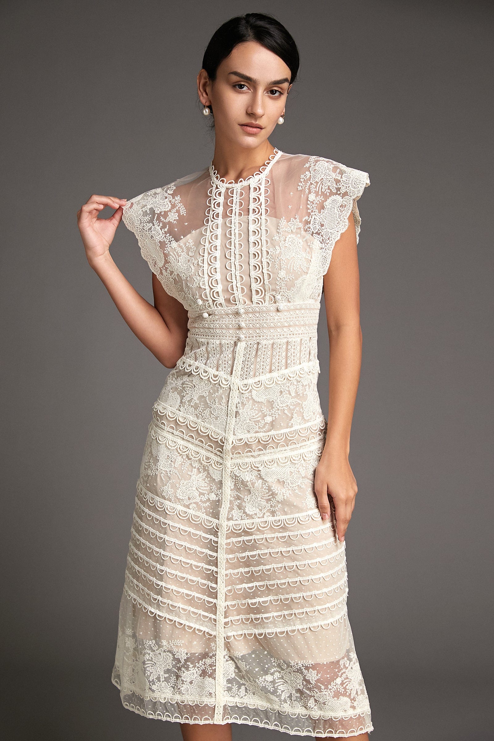 White Lace Scallop-Edge Cap Sleeve Midi Dress