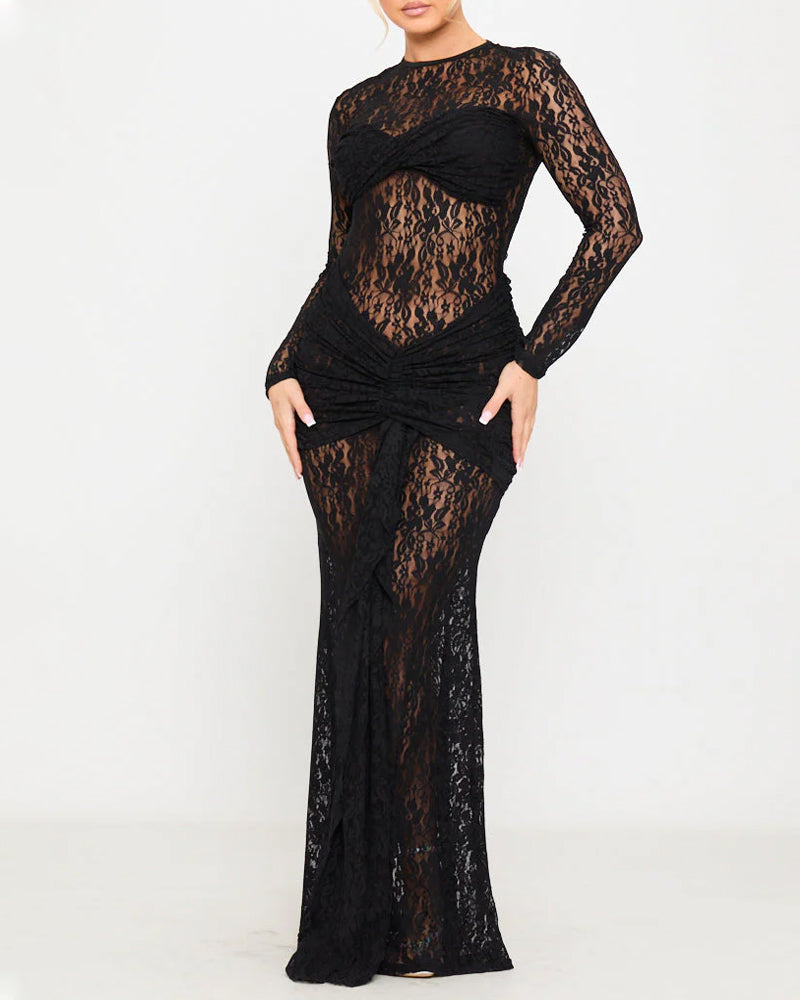Form-fitting Lace Bodycon Long-sleeved Round Neck Dress