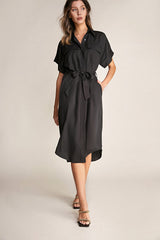 Black Dolman Sleeve Button-Up Tie Waist Shirt Midi Dress