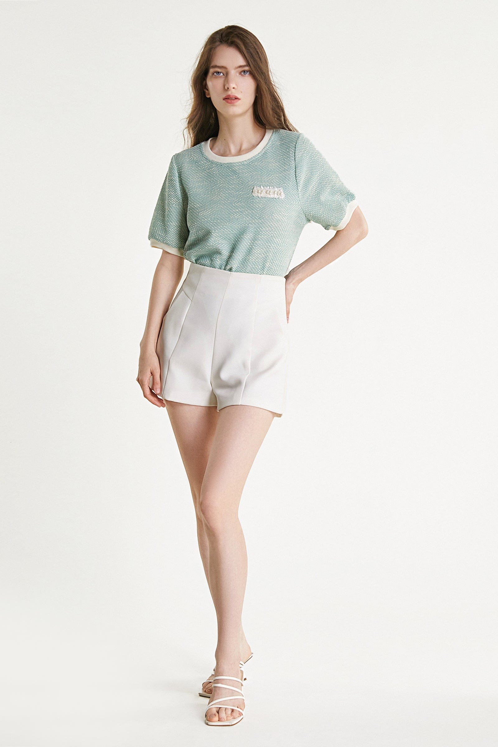 Light Green Textured Round Neck Contrast Trim Detail Blouse