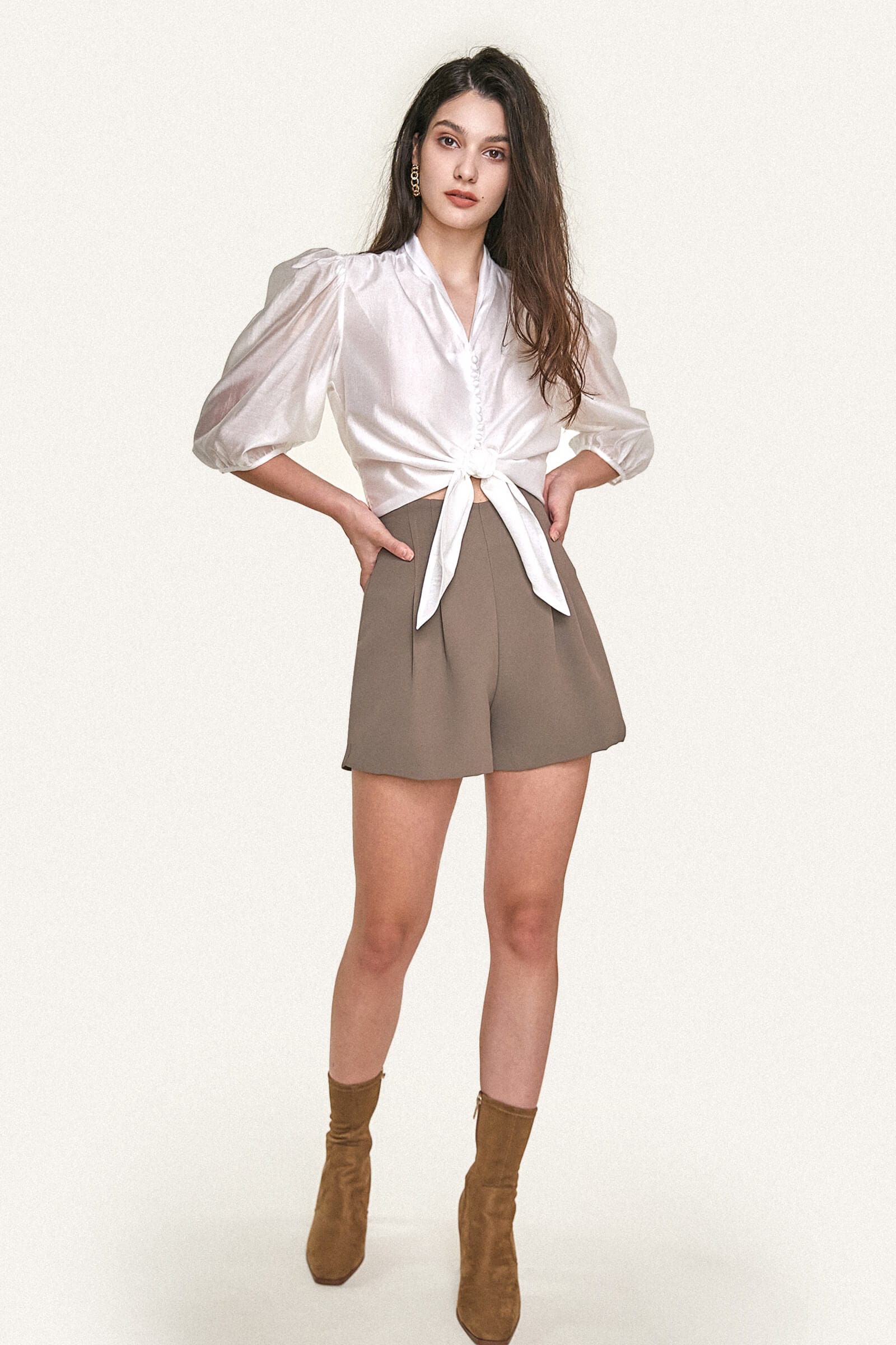 White Tie Hem Button Front Three-Quarter Puff-Sleeve Blouse